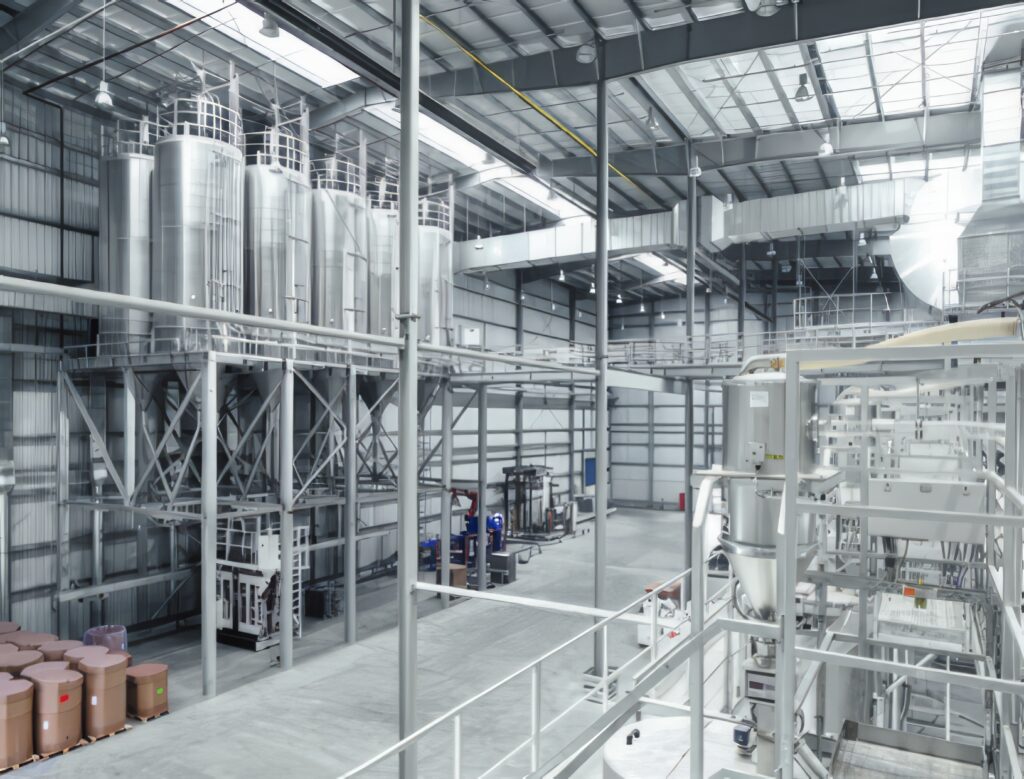 AZO indoor silos with finished goods for automatic bagging and pelletising